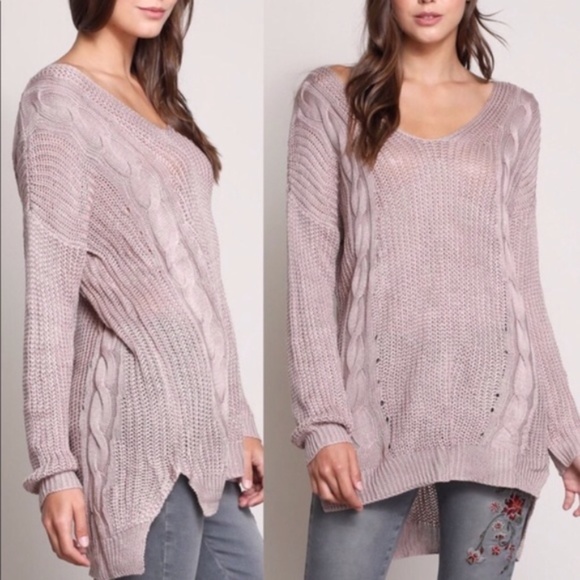 Cozy Mauve V neck cable Knit criss cross back Oversized Sweater - Picture 3 of 4